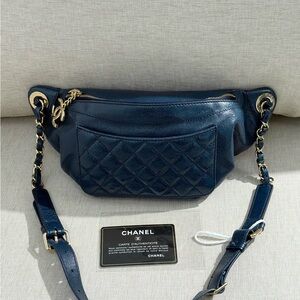 CHANEL Blue Metallic Quilted Waist Bag GHW